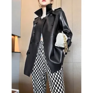 Women’s Black Genuine Sheepskin Double Breasted British Style Smooth Office Outfit Fashionable Belted Leather Trench Coat