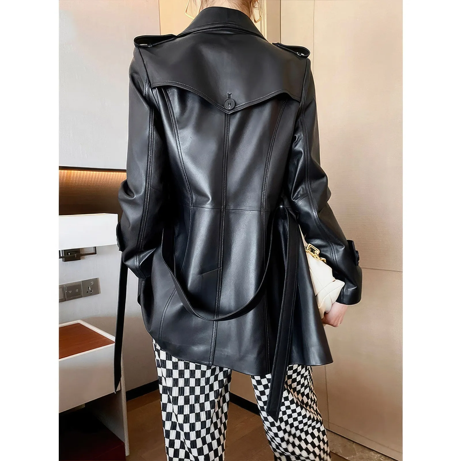 Women’s Black Genuine Sheepskin Double Breasted British Style Smooth Office Outfit Fashionable Belted Leather Trench Coat