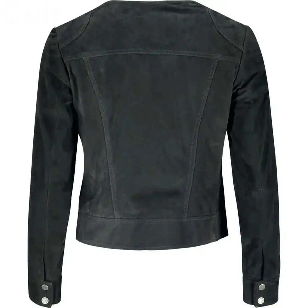 Women's Black Suede Leather Jacket with Buttons | Classic Outerwear