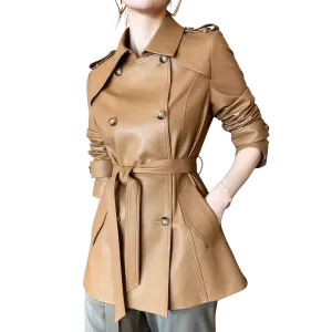 Women’s Coffee Brown Genuine Sheepskin Lapel Collar Business Fashion Double Breasted Belted Leather Trench Coat