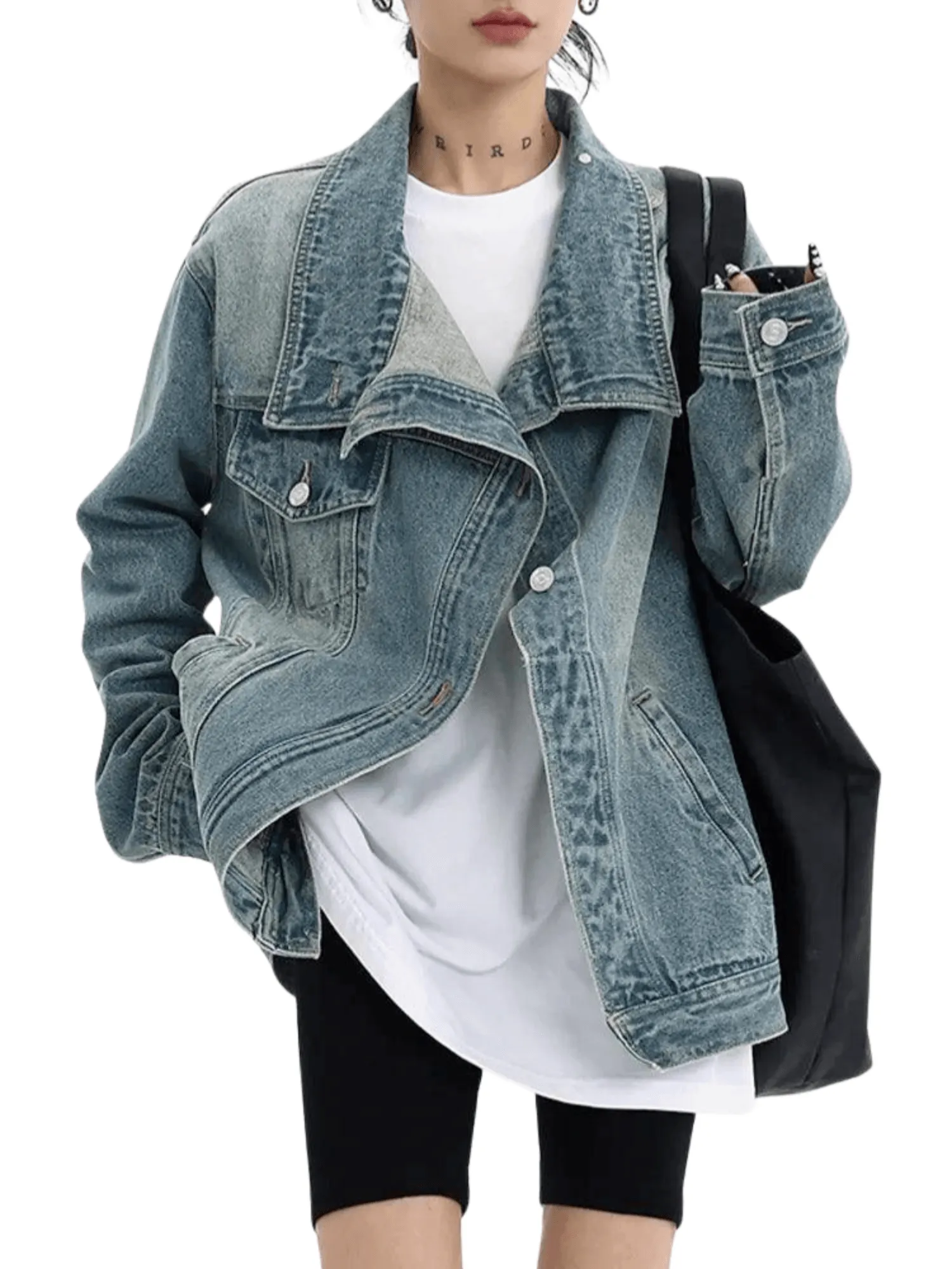 Women's Denim Coat Streetwear Turtleneck Single Breasted Full Sleeve Patchwork Versatile Jacket Fashion Autumn Streetwear Denim