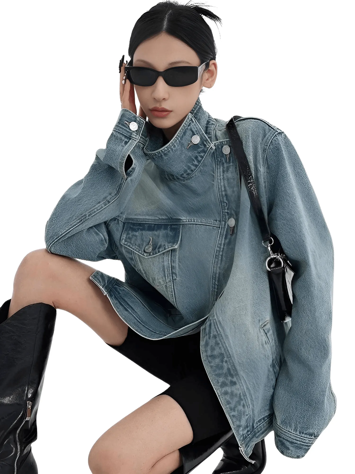 Women's Denim Coat Streetwear Turtleneck Single Breasted Full Sleeve Patchwork Versatile Jacket Fashion Autumn Streetwear Denim