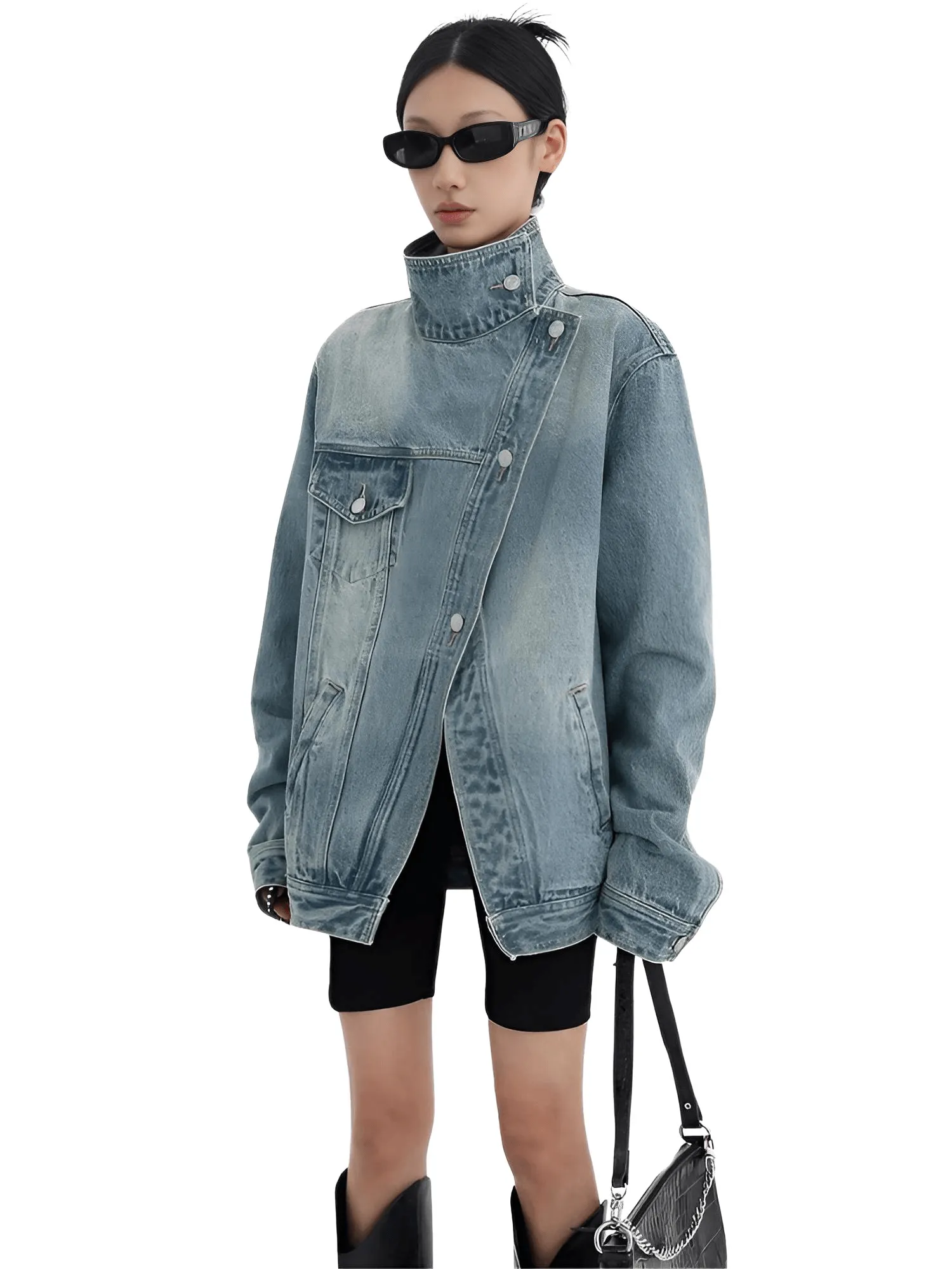 Women's Denim Coat Streetwear Turtleneck Single Breasted Full Sleeve Patchwork Versatile Jacket Fashion Autumn Streetwear Denim