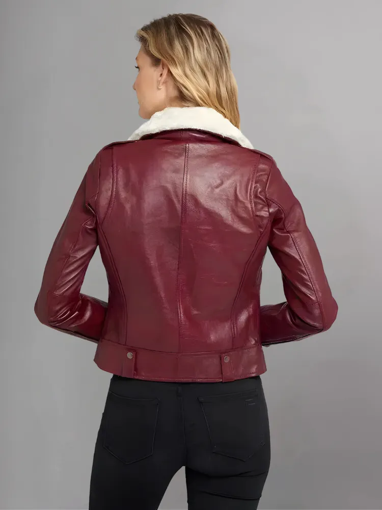 WOMEN'S FUR COLLAR MAROON LEATHER JACKET