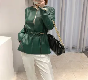 Women’s Green Genuine Sheepskin Round Neck Casual European Streetwear Top Fashion Pleated Simple Classic Leather Coat