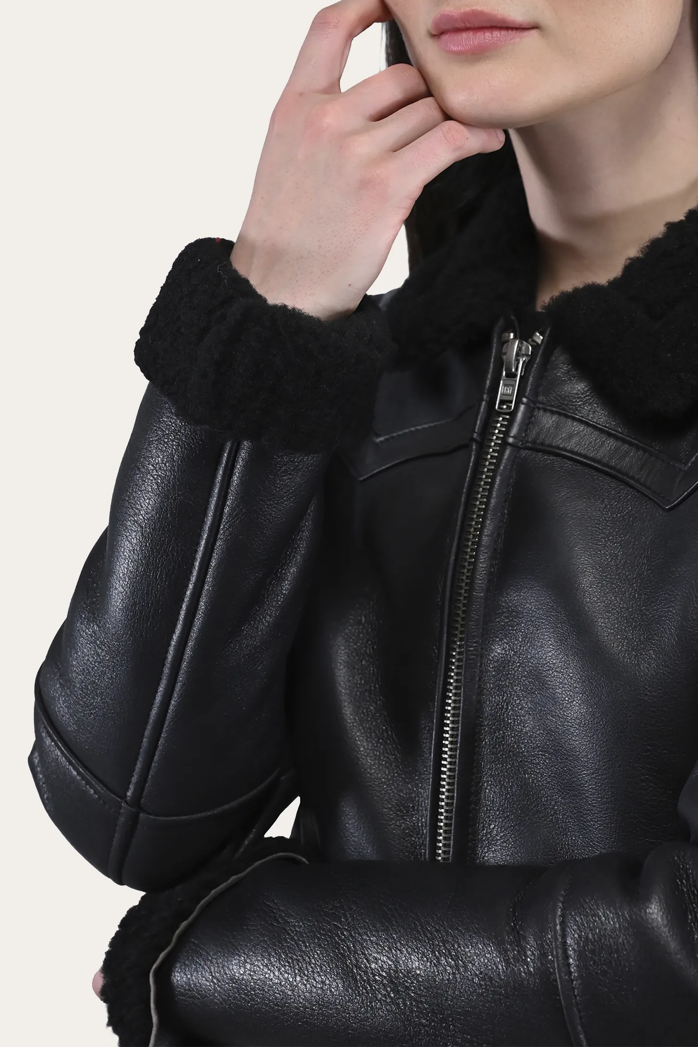 Women's Leather Jacket With Sherling Collar And Cuffs