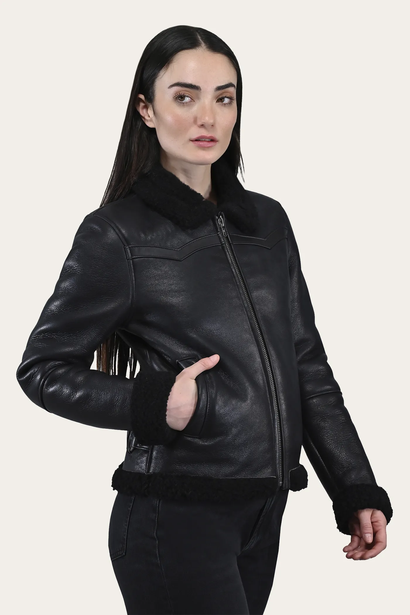 Women's Leather Jacket With Sherling Collar And Cuffs