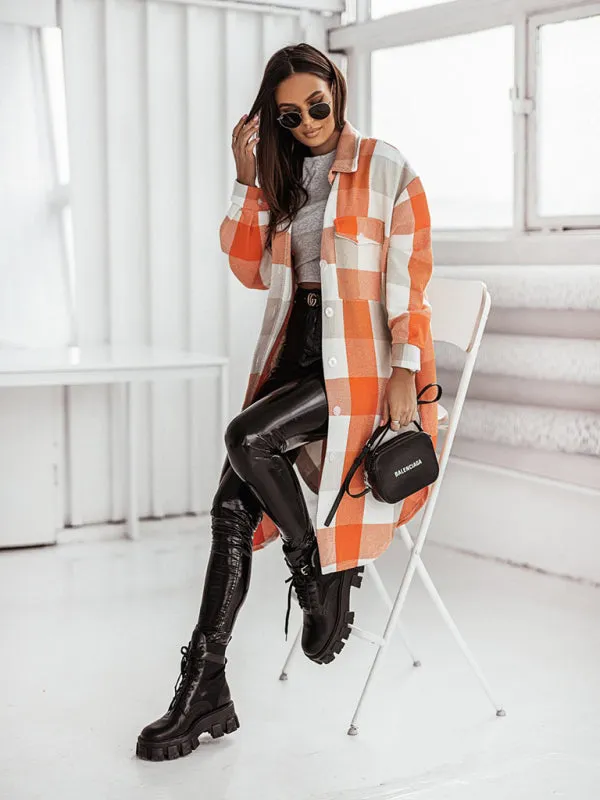 Women's new color flannel plaid long windbreaker fashionable shirt woolen jacket