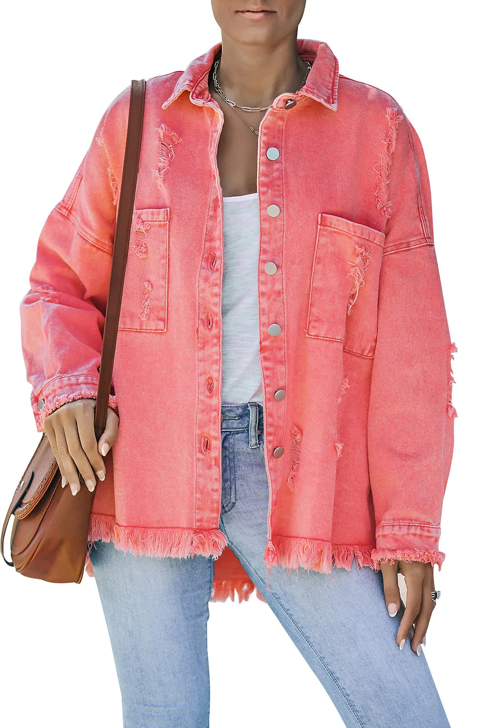 Womens Overdsizd Distressed Fringe Trim Denim Jacket