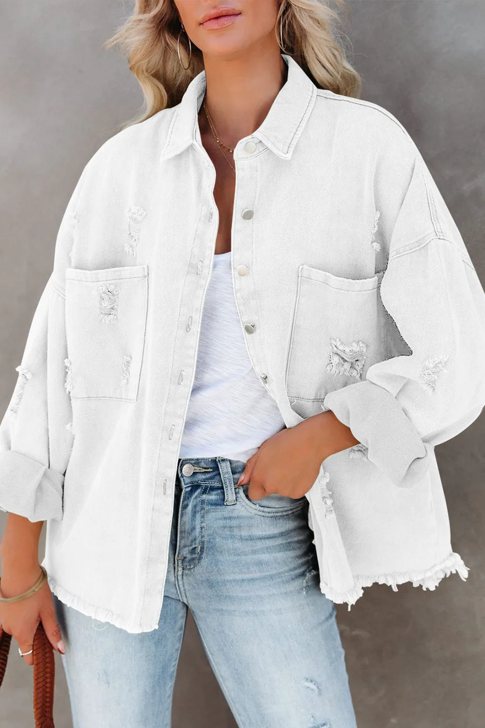 Womens Overdsizd Distressed Fringe Trim Denim Jacket