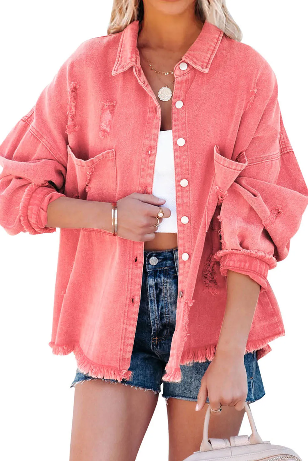 Womens Overdsizd Distressed Fringe Trim Denim Jacket