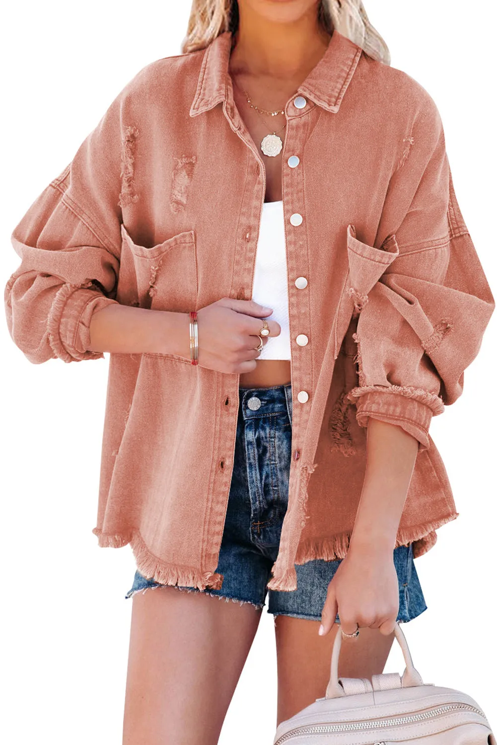 Womens Overdsizd Distressed Fringe Trim Denim Jacket