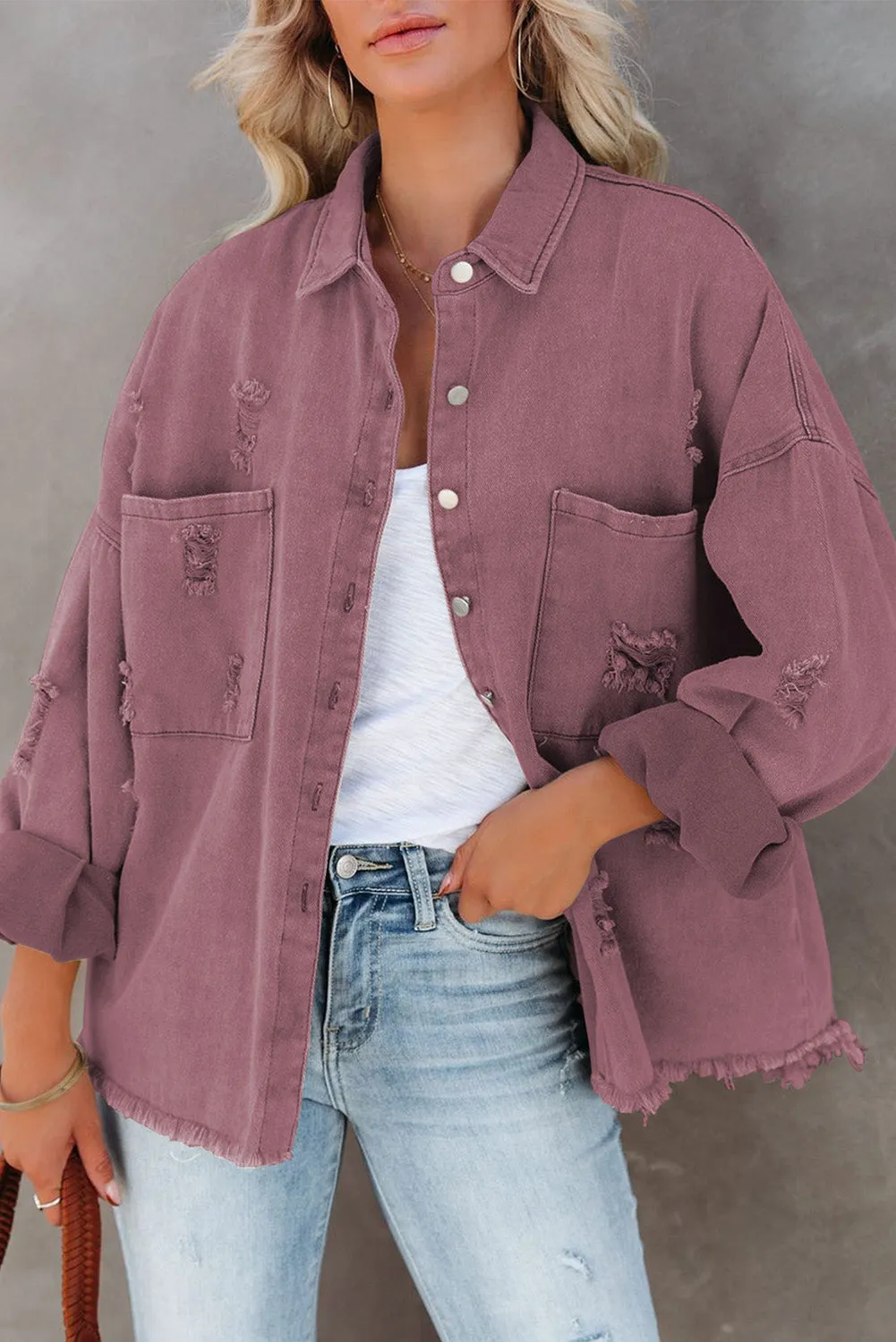 Womens Overdsizd Distressed Fringe Trim Denim Jacket