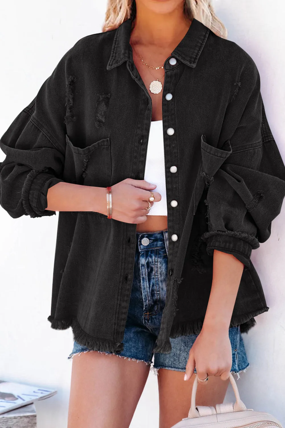 Womens Overdsizd Distressed Fringe Trim Denim Jacket