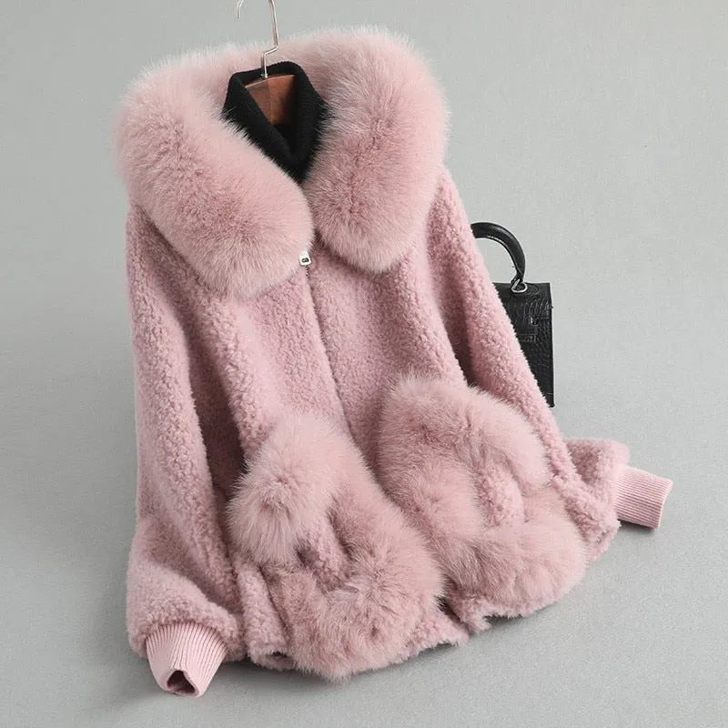 Women's winter warm real fox fur coat woolen coat