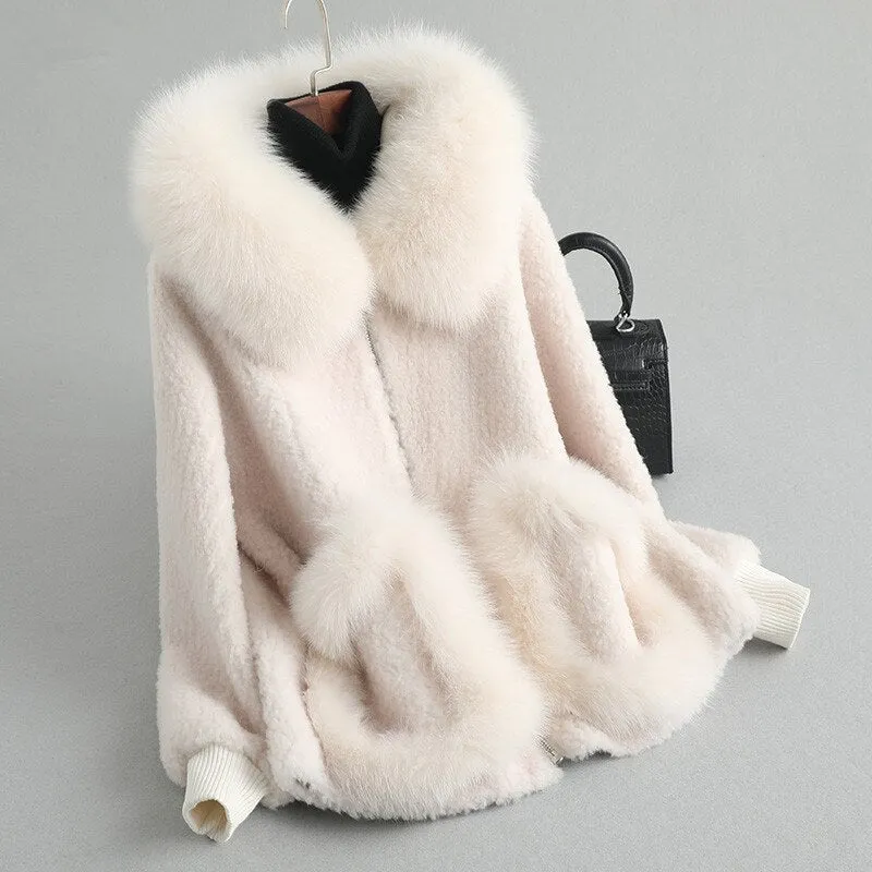 Women's winter warm real fox fur coat woolen coat