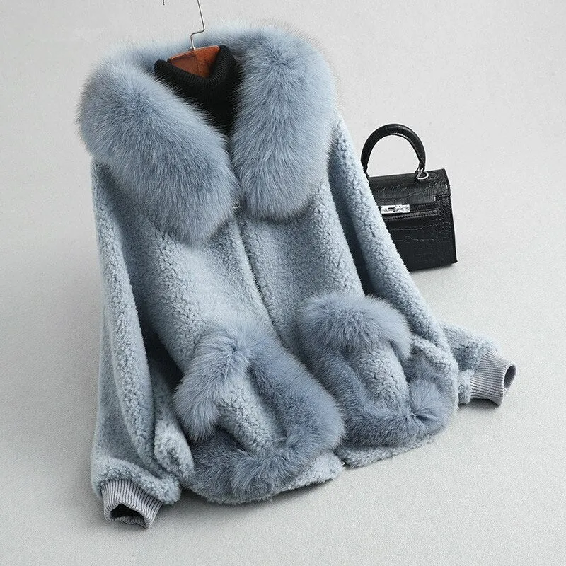 Women's winter warm real fox fur coat woolen coat