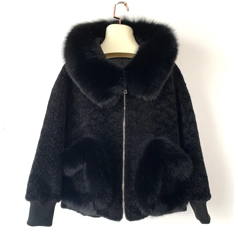 Women's winter warm real fox fur coat woolen coat